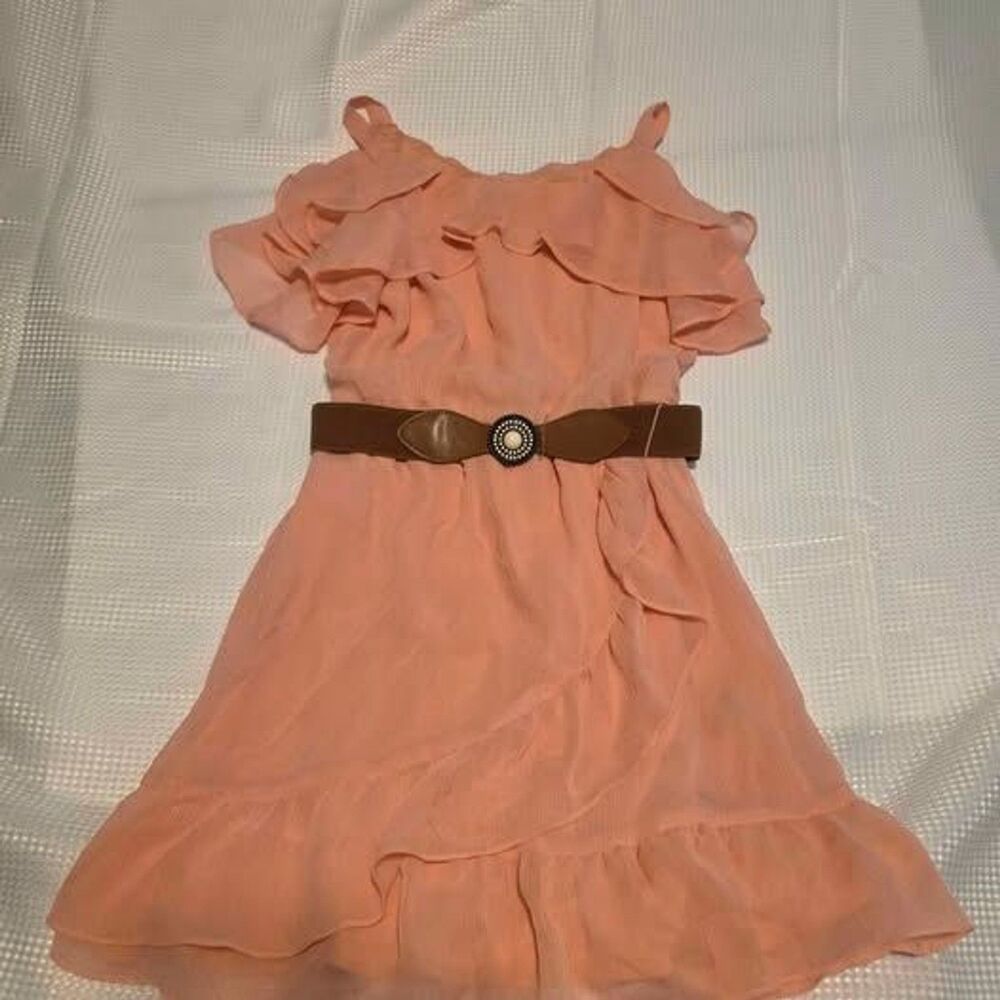 Amy Byer Dress Kids Size 12 Apricot with decorative belt, spaghetti straps